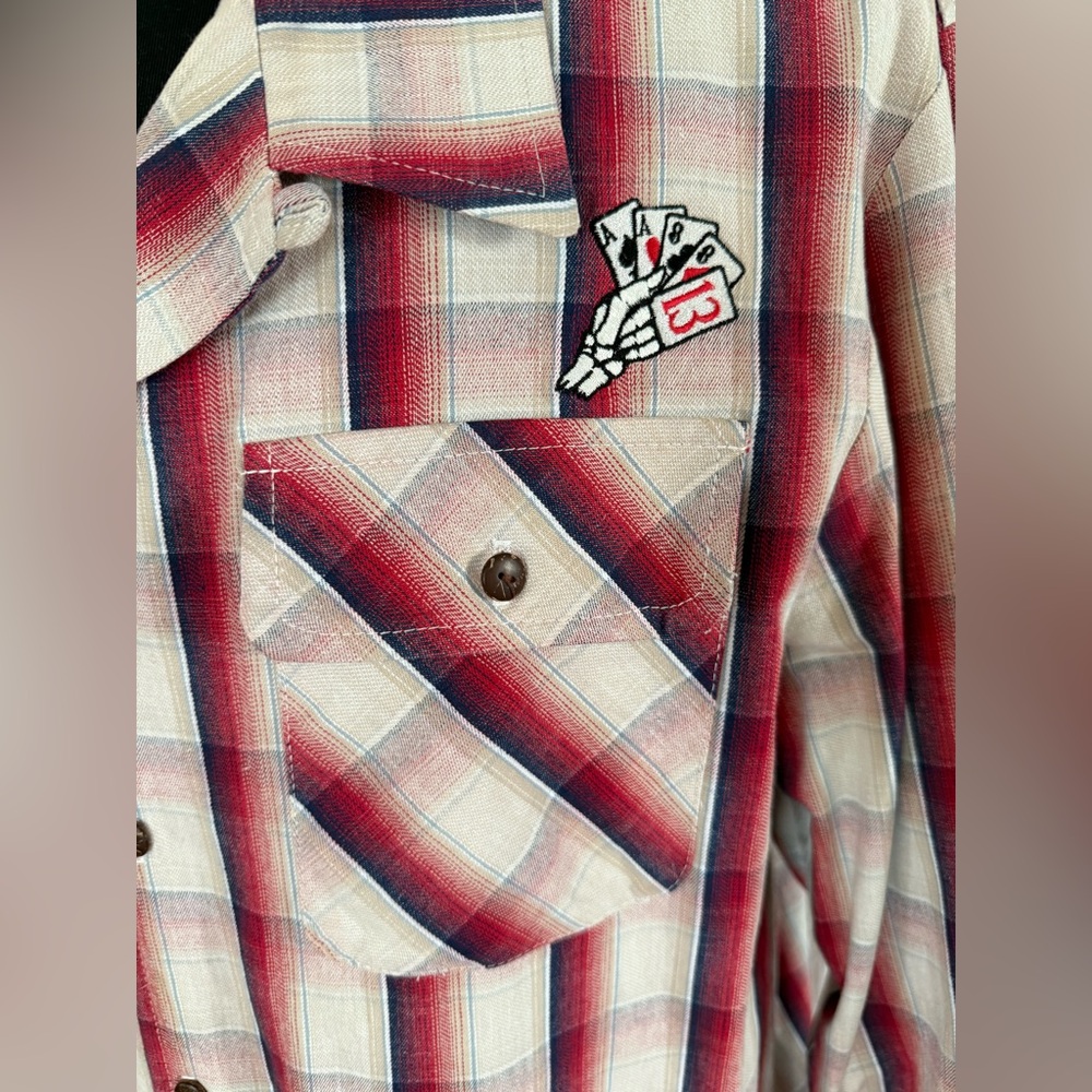 ☠️ LUCKY 13 Men's Red and Cream Plaid Casual Button Down Shirt